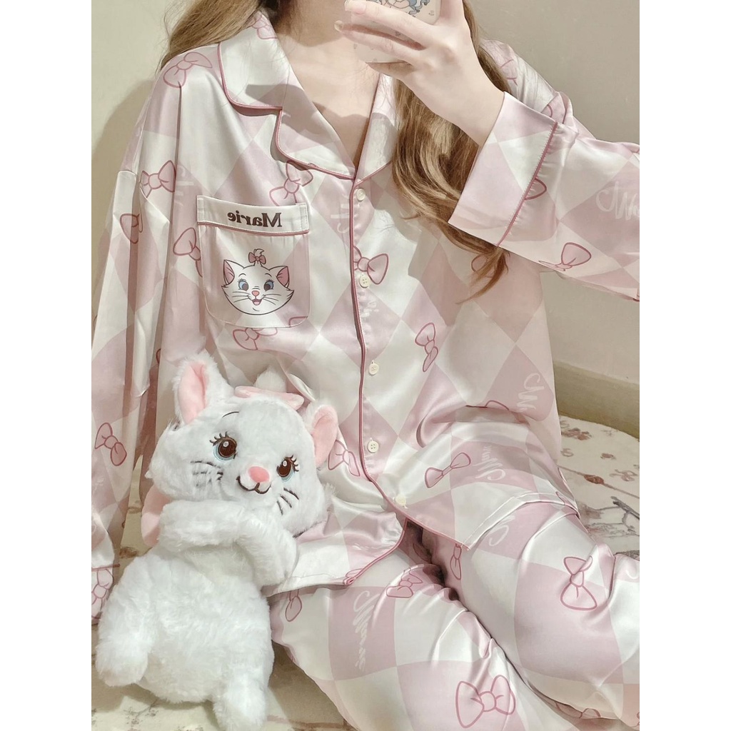 ชุดนอน เสื้อแจ็กเก็ตแขนยาว กางเกงขายาว ผ้าเรยอน ลายการ์ตูนแมว สีชมพู แฟชั่นฤดูใบไม้ผลิ และฤดูใบไม้ร่วง สําหรับผู้หญิง
