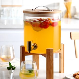 Borosilicate Glass Bamboo Lid Water Jug Dispenser with Wooden Stand Hot & Cold Pitcher