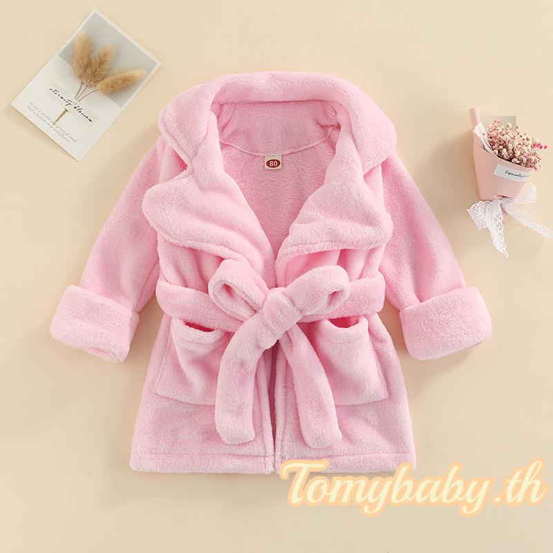 Tomybaby-เสื้อคลุมอาบน้ำเด็กผ้าฟลานเนลสีพื้น/ลายเสือดาวพร้อมเข็มขัดสำหรับเด็กหญิงและเด็กชาย