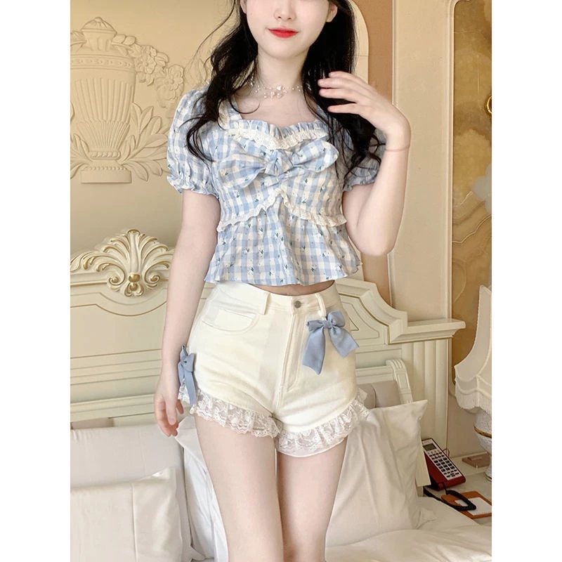เสื้อเชิ้ตแขนสั้นลายสก๊อตสีฟ้าลายดอกไม้ผูกโบว์ thumbnail 3