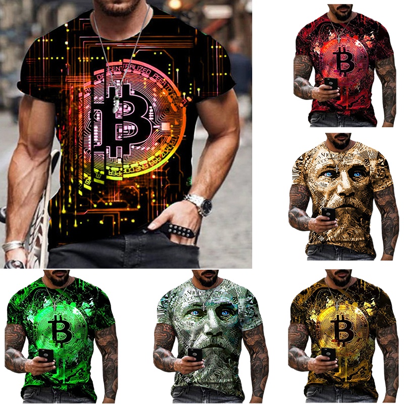 Casual 3d Bitcoin รูปแบบชายเสื้อยืด BTC Blockchain พิมพ์แขนสั้นแฟชั่นฤดูร้อน O-คอขนาดใหญ่ Streetwear
