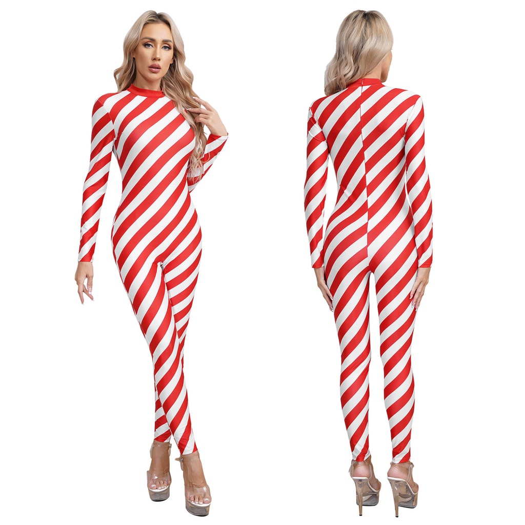 Womens Christmas Candy Cane ชุดบอดี้สูทเครื่องแต่งกาย Mock คอแขนยาวกลับซิป Contrast Unitard Jumpsuit สําหรับ Xmas คอสเพลย์ Party