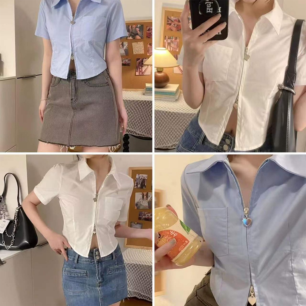 เสื้อครอปแขนสั้น แต่งซิป ดีไซน์สวยงาม ทันสมัย ใส่ได้หลายโอกาส