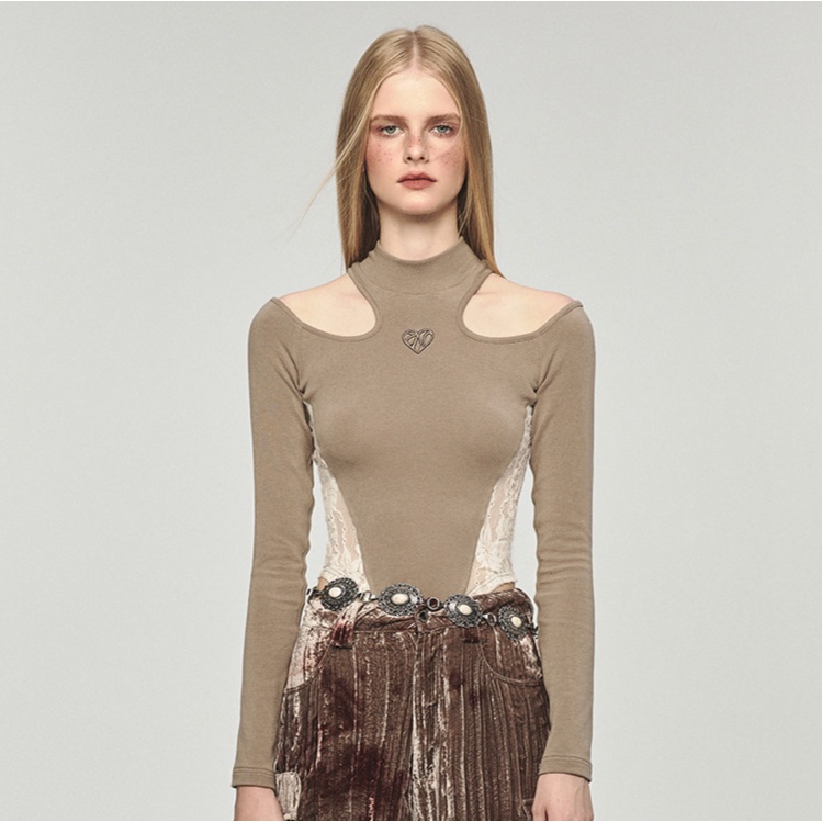 1JINN STUDIO Gentle as desire, hollow design, lace waist, slim-fitting inner layering top เสื้อดีไซน