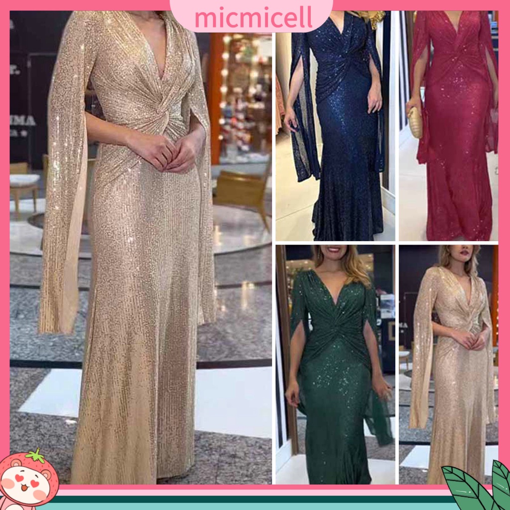 [MMC] ชุดราตรียาว คอวีลึก ประดับเลื่อม แต่งจับจีบ สีพื้น สําหรับผู้หญิง