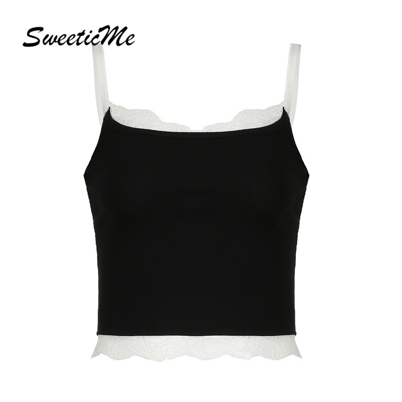 Sweeticme เสื้อกล้ามลําลอง เข้ารูป แต่งลูกไม้ สีคอนทราสต์ แฟชั่นใหม่ สําหรับสตรี 2024