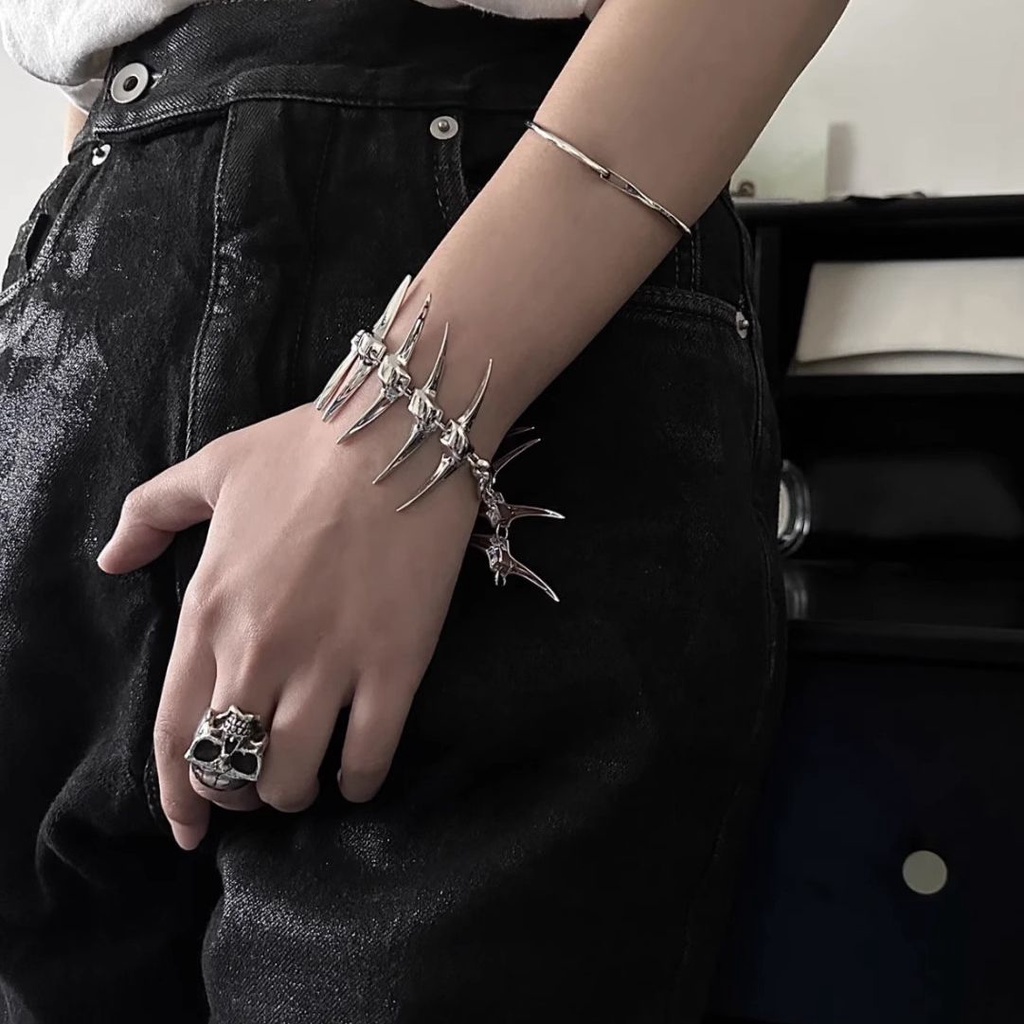 สร้อยข้อมือ หนาม ก้างปลา สีเงิน สไตล์ฮิปฮอป พังก์ ของแท้ แฟชั่นคู่รัก สําหรับผู้หญิง