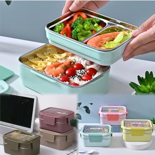 Food Storageกล่องข้าว2ชั้น กล่องข้าวสเตนเลส1200ml สเตนเลส304 พร้อมช้อนในตัว กล่องข้าวพกพา สําหรับตู้เย็น เข้าไมโครเวฟได้