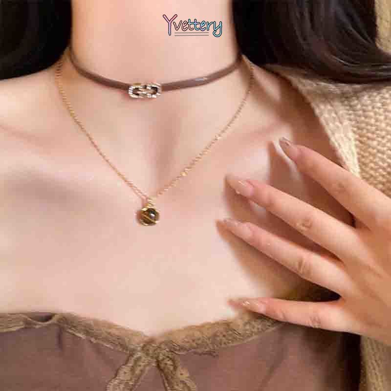 ร้านค้าไทย🔥สร้อยคอPUหินตาเสือแนววินเทจโซ่ไหปลาร้าสองชั้นสำหรับผู้หญิงสไตล์เกาหลีY2Kแฟชั่นเครื่องประด