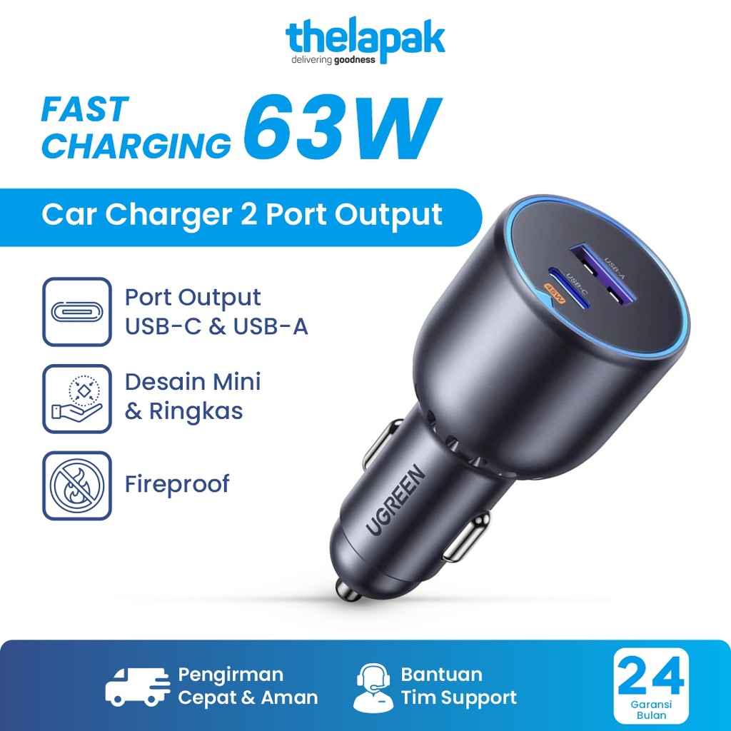 UGREEN Car Charger Dual Port Type C USB A Fast Charging PD QC 63W