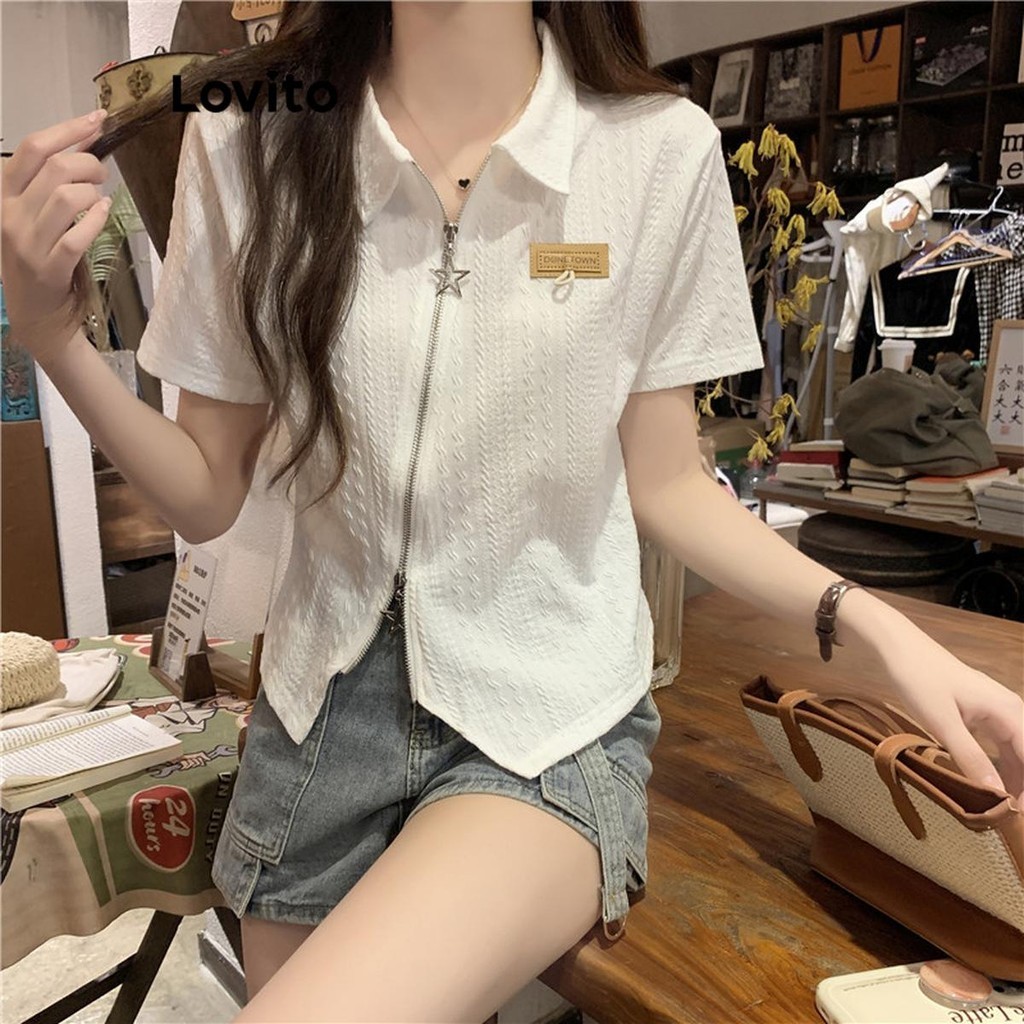 Lovito เสื้อยืดลําลอง มีซิป สําหรับผู้หญิง LNE54582