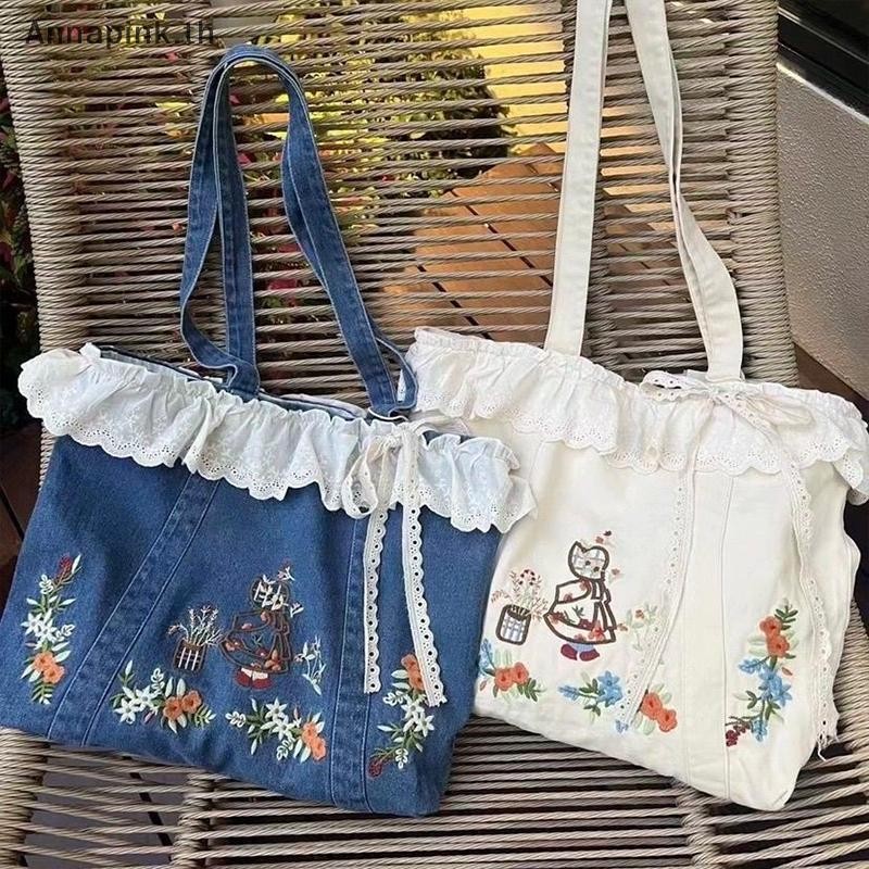 Ank ใหม่ Artistic Sweet Lace Splicing ปักไหล่เดี่ยวกระเป๋าถือคาวบอย EN