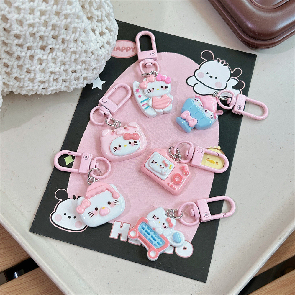 สุดน่ารักสีชมพู Tender hello kitty พวงกุญแจน่ารักการ์ตูนสาวหวานจี้คู่แฟนอุปกรณ์เสริมของขวัญ