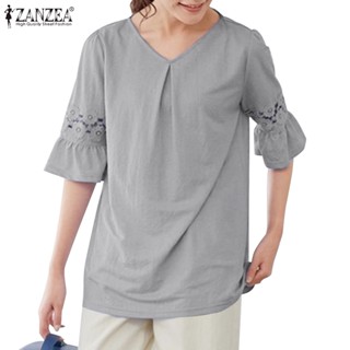 Zanzea เสื้อยืด คอวี แขนห้าส่วน ผ้าถัก จับจีบ สไตล์เกาหลี สําหรับผู้หญิง