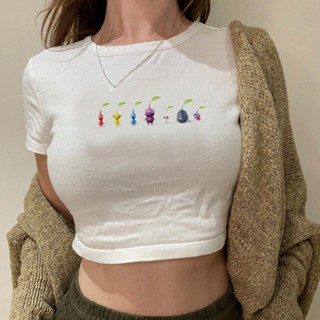 Pikmin vintage trashy yk2 เสื้อครอปท็อป น่ารัก แฟชั่นเกาหลี 90s สําหรับผู้หญิง