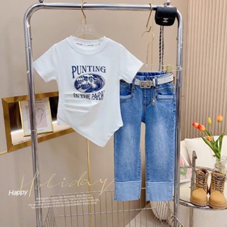 Girls jeans suit autumn style 2023 elementary school cool girls irregular tops two-piece sets of Meilad Tide