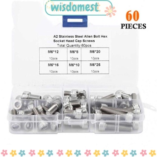 Wisdomest สกรูหัวซ็อกเก็ต M6 สเตนเลส 304 หกเหลี่ยม สีเงิน 60 ชิ้น