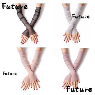 Future ถุงมือแขนยาว ผ้าฝ้ายถัก กันแดด ให้ความอบอุ่น แต่งลูกไม้ มีสีดํา สีขาว สีชมพู สีม่วง สําหรับผู้หญิง 4 คู่