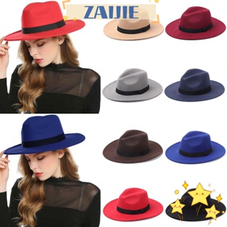 Zaijie24 Fedora หมวกปีกกว้าง ผ้าขนสัตว์ สไตล์คาวบอย แฟชั่นสําหรับผู้หญิง และผู้ชาย