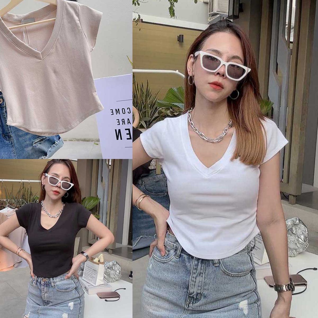 ครอปสีเรียบๆ เสื้อผ้าผู้หญิง เสื้อยืดเอวลอยเซ็กซี่