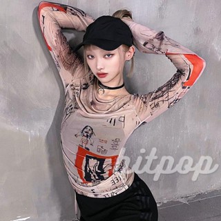 Hitpop- เสื้อครอปท็อป แขนยาว ผ้าตาข่าย ซีทรู สไตล์วินเทจ ฤดูร้อน สําหรับผู้หญิง