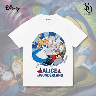 SO.BEST เสื้อยืดดิสนีย์ Alice and the white rabbit สกรีนหน้า ผ้าสีขาว ลิขสิทธิ์แท้ Disney