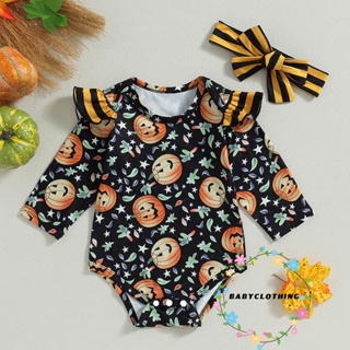 Babyclothes- ชุดรอมเปอร์ คอกลม แขนยาว พิมพ์ลายฟักทอง ฮาโลวีน พร้อมที่คาดผม สําหรับเด็กทารกแรกเกิดผู้หญิง