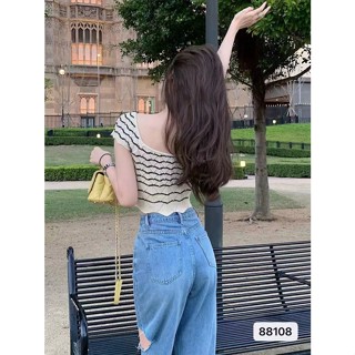 ขายดี เสื้อยืดแขนสั้น คอสี่เหลี่ยม ผ้าถัก ลายทาง สีขาวดํา เหมาะกับฤดูร้อน สําหรับผู้หญิง MC 6IH6