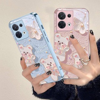 เคส OPPO A78 5G Reno8Z 7Z Reno8T Reno8Pro โทรศัพท์มือถือกระจก กรอบโลหะ ด้านหลัง ลายหมีภาพวาดสีน้ํามัน พร้อมสายคล้องมือ สําหรั Reno5 6 A9 A5 FindX5Pro