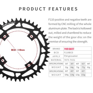 ใบจานหน้าจักรยาน 110 มม. สําหรับ FSA Gossamer CRANK 36T 38T 40T 42T 44T 46T 48T 50T 52T 110bcd