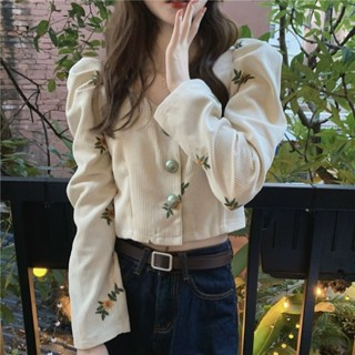 Suxi เสื้อเชิ้ตแขนยาว แขนพอง ปักลาย สไตล์ฝรั่งเศสวินเทจ สําหรับผู้หญิง