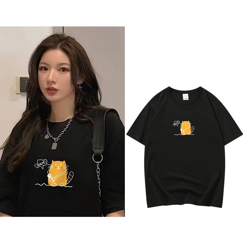 Cynthai เสื้อยืดคอกลม แขนสั้น ผ้านิ่ม ลายน้องเหมียวสีเหลือง เสื้อยืดแฟชั่น สไตล์เกาหลี  #9647