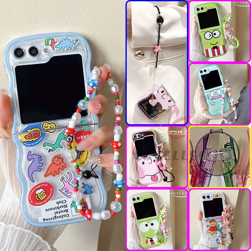 SAMSUNG กรอบคลื่นการ์ตูนพิมพ์ปลอกซิลิโคนอ่อนนุ่มใสsamsung Galaxy Z Flip 6 5 สายรัดข้อมือโซ่ขอบหยักกร