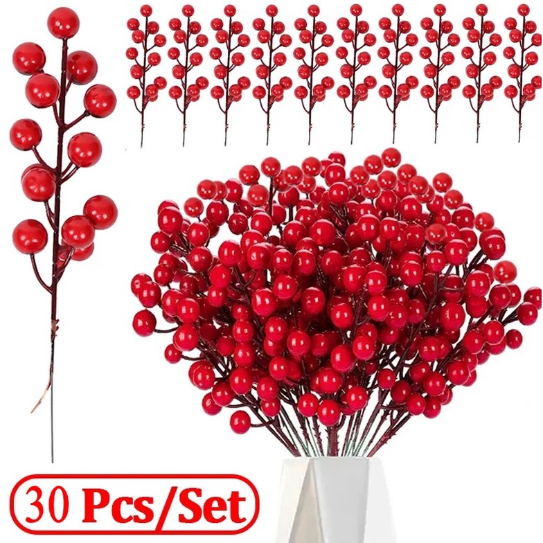ช่อดอกเบอรี่ปลอม DIY สําหรับตกแต่งคริสต์มาส ของขวัญปีใหม่ 30 ชิ้น