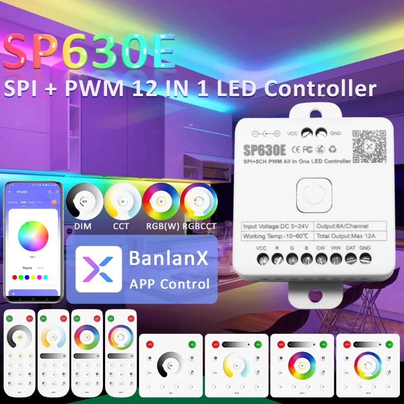 Sp630e ตัวควบคุมไฟ LED 12V 24V 5V 12 in 1 บลูทูธ สําหรับแถบไฟ WS2811 WS2812B SPI 5050 2835 RGBW RGBC