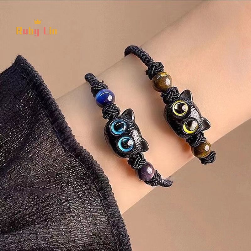 ทับทิม น่ารัก แมวดํา เชือกถัก สร้อยข้อมือ ผู้หญิง ผู้ชาย คู่ สร้อยข้อมือ อินเทรนด์ เครื่องประดับ ของขวัญ ดี
