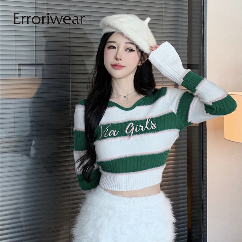 Errokiwear ผู้หญิงเสื้อกันหนาวลาย Slim Fit ปักถัก Contrast สั้นเสื้อแขนยาว