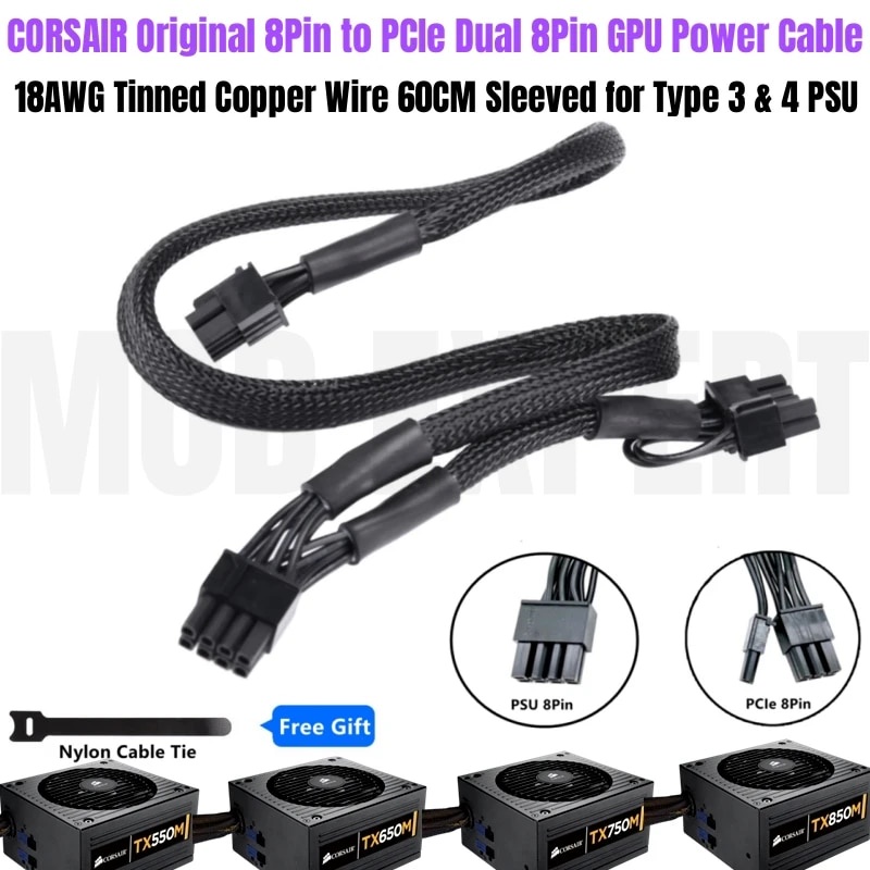 CORSAIR GPU VGA สายไฟ 8Pin to PCIe Dual 8Pin 6+2Pin Sleeved สําหรับ TX850M TX750M TX600M TX550M Modu