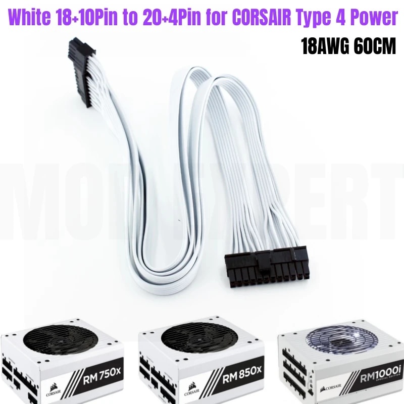 สีขาว 18 + 10Pin ถึง 20 + 4Pin 24Pin ATX สายไฟหลักสําหรับ CORSAIR RM750x 750W RM850x 850W RM1000i 10