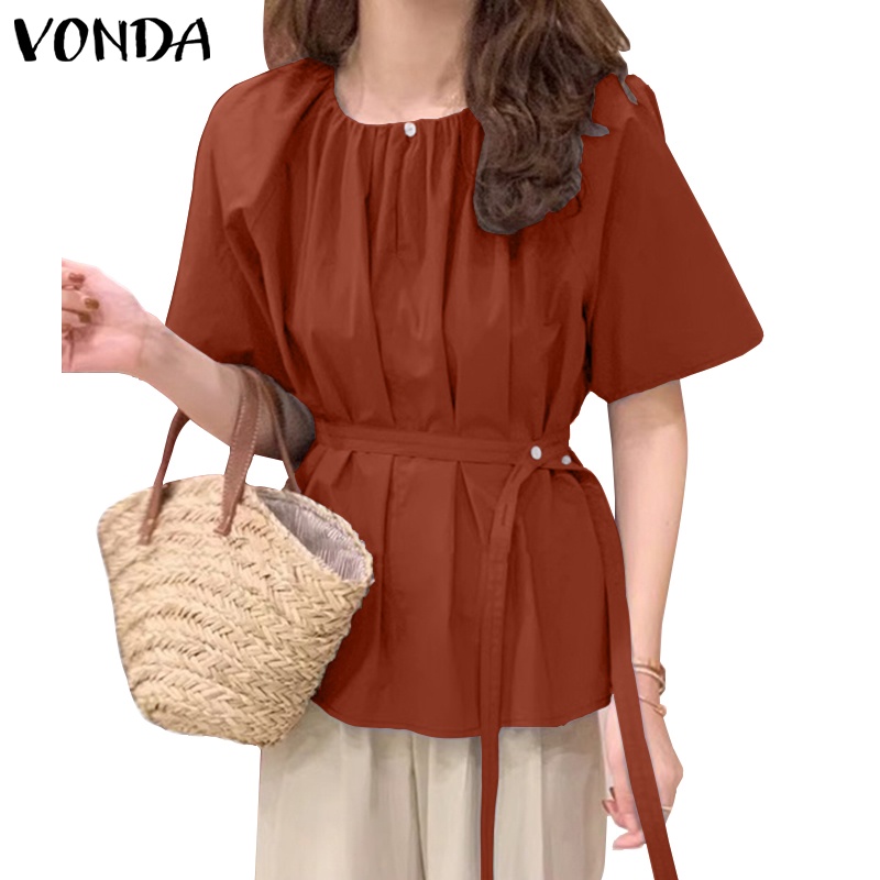 Vonda เสื้อเบลาส์ คอกลม แขนสั้น ติดกระดุม เอวลอย สีพื้น สไตล์เกาหลี สําหรับผู้หญิง