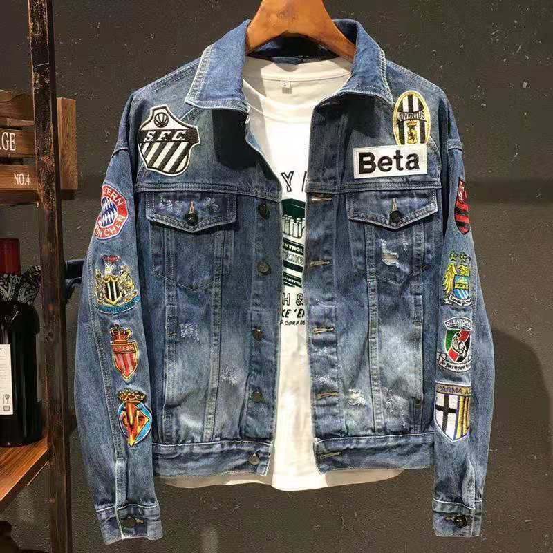 เสื้อแจ็กเก็ตยีนเบสบอล ปักลาย สไตล์ฮ่องกง สําหรับผู้ชาย