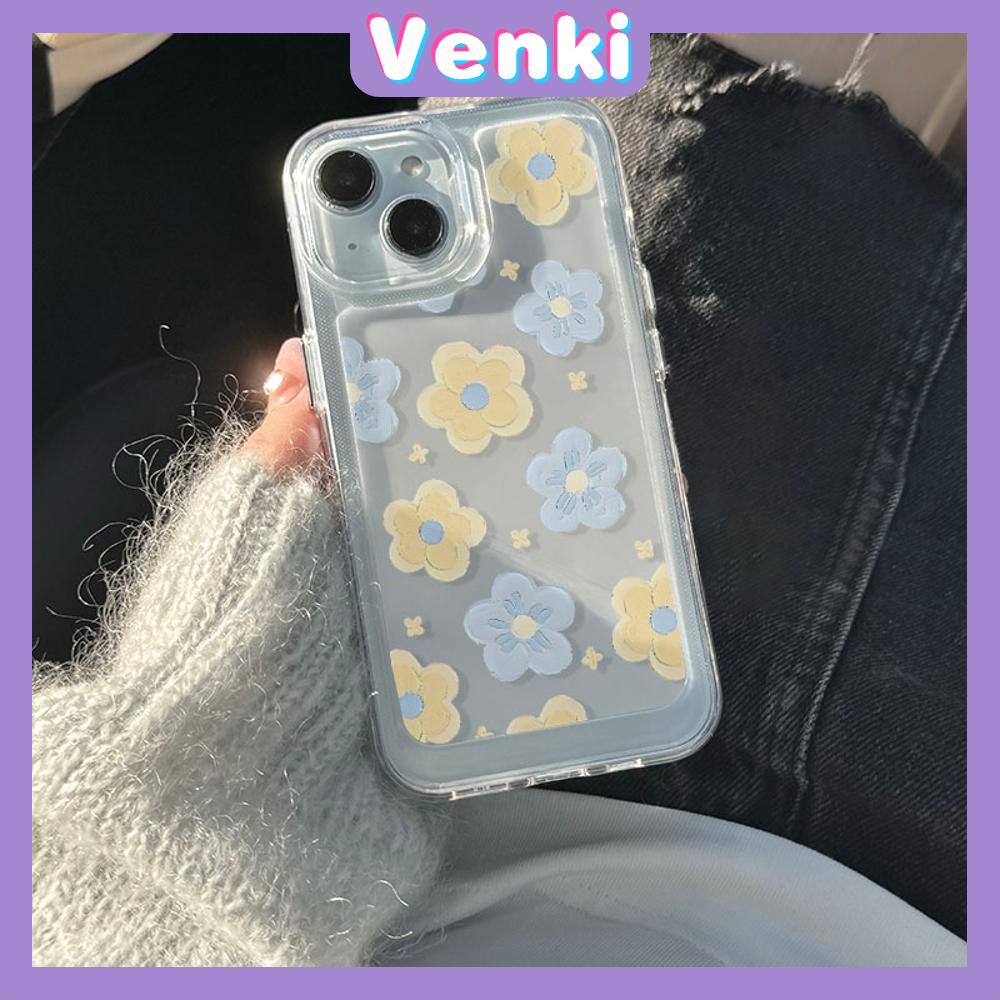 VENKI - เข้ากันได้สำหรับ 15 เคสไอโฟน11 เคส iphone 11 เคสใสเคส TPU โปร่งใสปุ่ม Electroplated ง่ายดอกไม้สีเหลืองสีฟ้าเข้ากันได้กับ iPhone 15 14 13 Pro Max 12 Pro Max XR XS