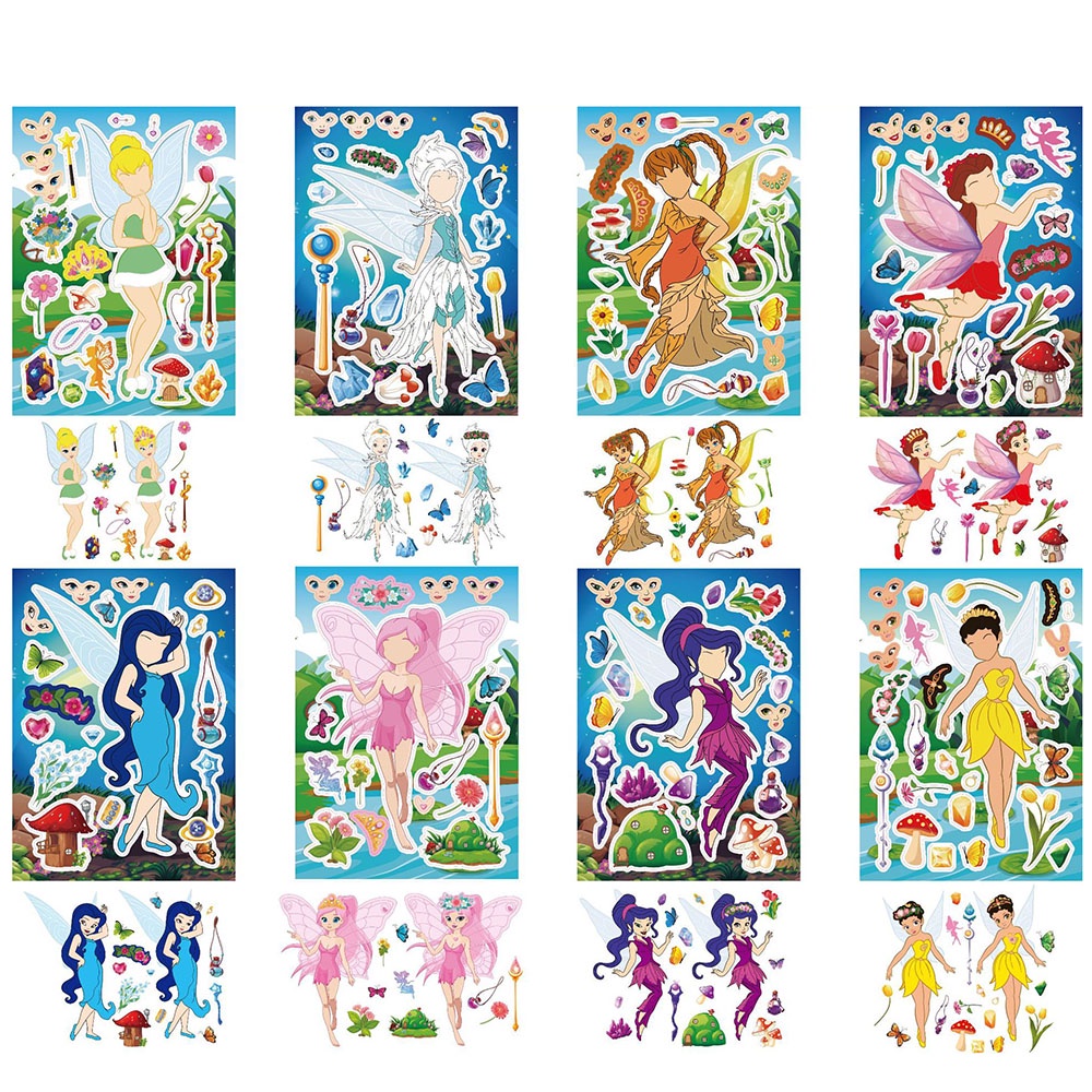 8PCS Fairy-Tinker Bell ปริศนาสติกเกอร์หญิงรักดอกไม้น่ารัก Fairy Elf DIY Face สติกเกอร์รางวัลสติกเกอร์