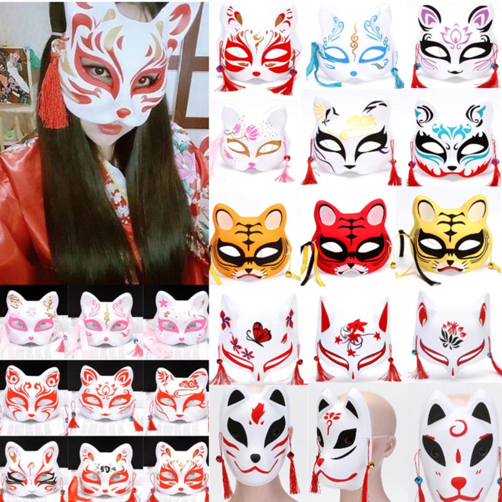 หน้ากากคอสเพลย์ญี่ปุ่นครึ่งหน้า PVC Kabuki Kitsune หน้ากาก Fox กาก Masquerade อะนิเมะคอสเพลย์กากแมว Rave เทศกาล Party Props
