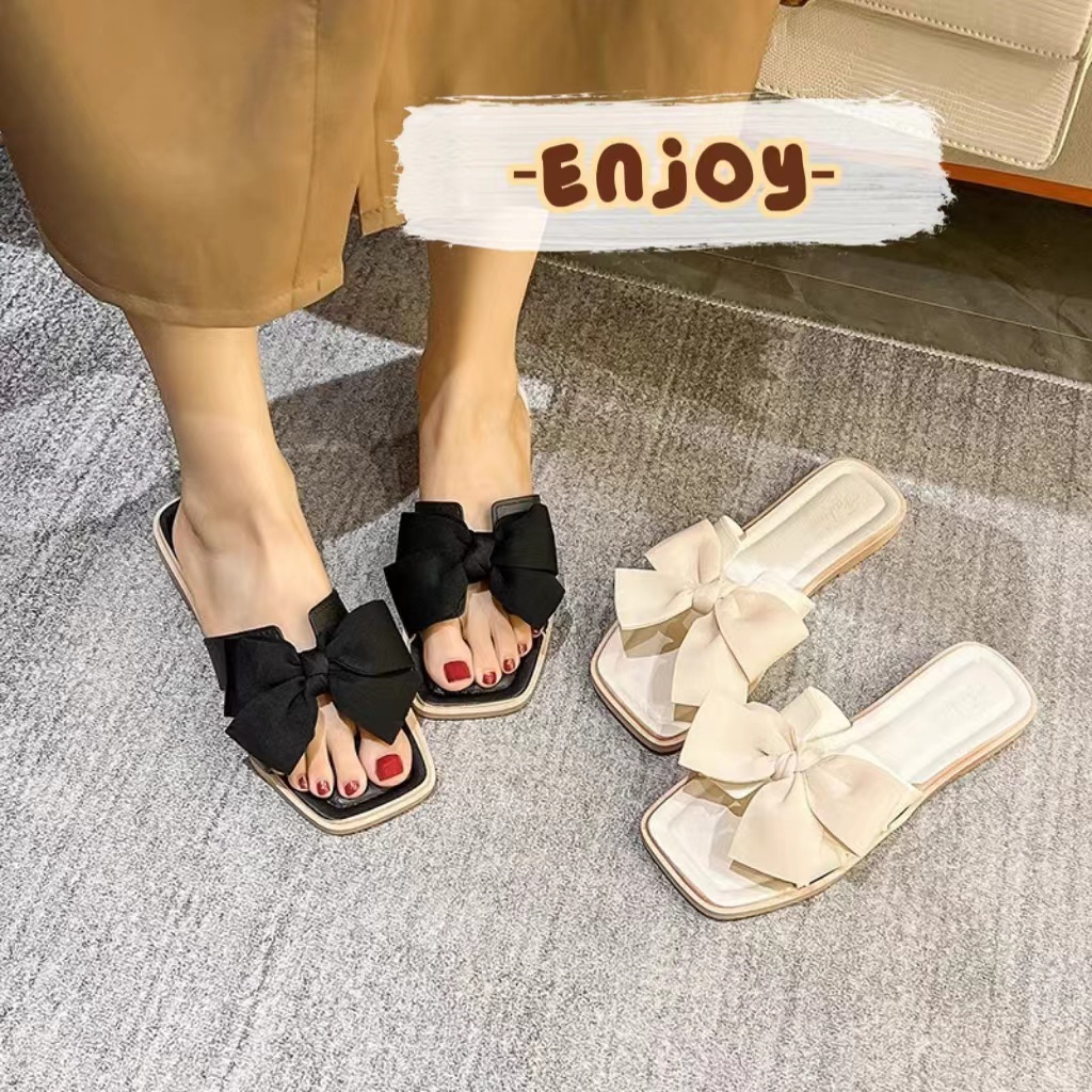 🍓EnJoy🍓 พร้อมส่ง (LT-UIN) รองเท้าแตะสวม สายคาดโบว์ใหญ่ ทรงเหลี่ยม พื้นเรียบ