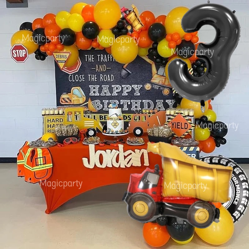 ธีมก่อสร้างรถบรรทุกขนาดใหญ่ 32 นิ้วสีดํา 1-9th หมายเลขลูกโป่งฟอยล์ชุดตกแต่งวันเกิด Boys Birthday Par