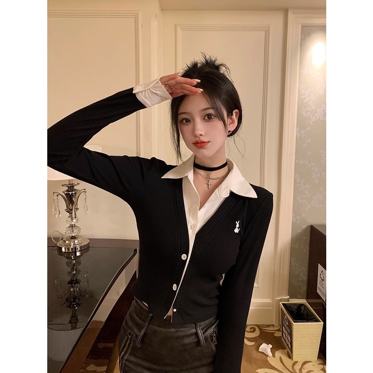 เสื้อคาร์ดิแกน แขนสั้น คอโปโล ปักลาย ทรงสลิมฟิต แฟชั่นฤดูใบไม้ร่วง สําหรับผู้หญิง - รูปที่ 6