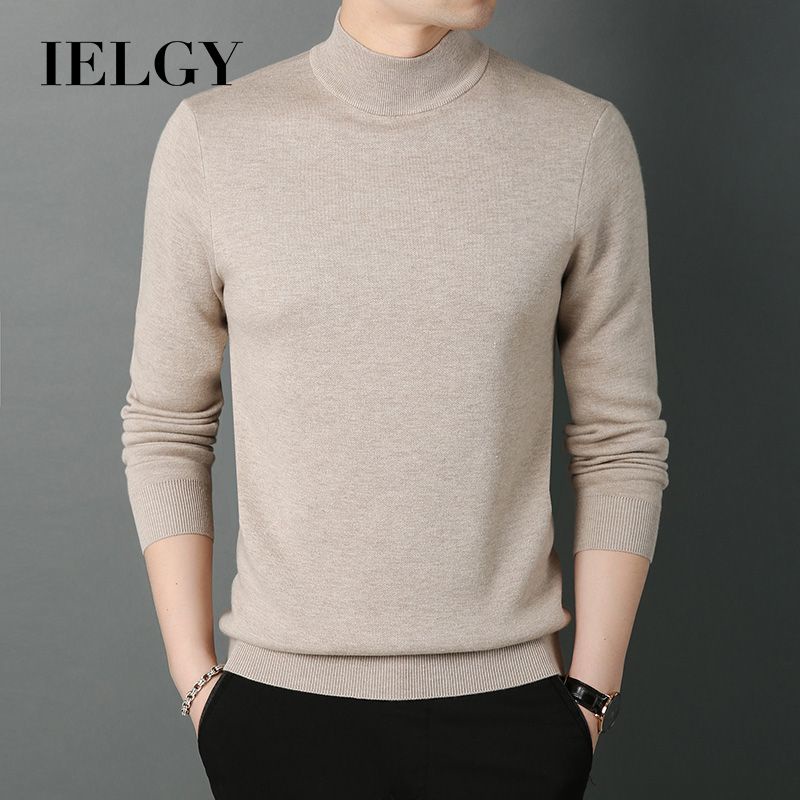 อิลกี้ ฤดูใบไม้ร่วงผู้ชายคอเต่าเสื้อกันหนาวสีทึบกลางคอปกถักเสื้อฐาน