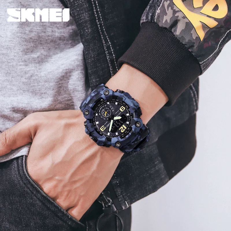 Skmei นาฬิกาข้อมือดิจิทัล อิเล็กทรอนิกส์ กันน้ํา กันกระแทก 3 เวลา สําหรับผู้ชาย 1637