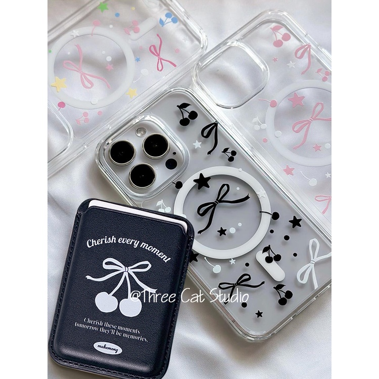 เคสโทรศัพท์มือถือแบบหนัง ใส แต่งโบว์ เชอร์รี่ สีดํา พร้อมช่องใส่บัตร สําหรับ iphone 15pro 13pro 14promax 11 12 14 XSMAX